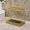 Estante decorativo nórdico de hierro creativo sin perforaciones de doble capa para baño, lavabo, escritorio, almacenamiento de cosméticos