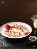 Plato Redondo de Cerámica Especialidad de Hotel Estilo Chino, Plato para Pescado al Vapor con Puntos Rojos, Plato de Presentación Cangrejo Rey, Plato Privado Personalizado, Vajilla Creativa