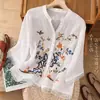 Camisa bordada de linho da mamãe, novo estilo feminino 2024, mistura de algodão e linho, camisa de manga média, top de organza verde, roupa de verão