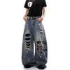 Calça Jeans Rasgada com Estampa de Carta Americana para Homens e Mulheres Verão Tendência Marca Streetwear Lâmina Curva Calças Longas Retrô Soltas Calças de Perna Larga