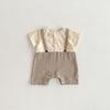 Ropa de una pieza de manga corta estilo coreano para bebés y niños pequeños para el verano, para niños y niñas, cuello de muñeca, mameluco triangular de dos piezas a cuadros