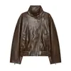 Chaqueta bomber corta de cuero sintético PU con cuello alto, superventas de moda para mujer en AliExpress, transfronteriza europea y americana