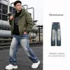 Calça Jeans Slub com Vários Furos Desgastados Unissex para Homens, Nova Calça Versátil de Perna Larga Reta Vintage para Outono e Inverno