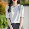Top de punto para mujer, Tencel bordado, cuello redondo, manga corta, verano, delgado, transpirable, suave, adelgazante, versátil, elegante