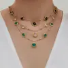 Acero Inoxidable Corte Cuadrado Borde de Pan Piedra de Vidrio Colgante Pendientes Collar Pulsera Set de Joyería Chapado en Oro de 18K