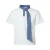 Camisa Polo de Verano Camiseta de Pareja Estilo Hong Kong Náutico Relajado Patchwork Manga Corta Diseño de Pañuelo de Seda Sentido del Diseño Holgado Corbata