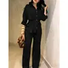 Conjunto de Camisa com Cordão na Cintura e Calça Wide Leg Cor Sólida Estilo Europeu e Americano 2026, Duas Peças Soltas e Emagrecedoras para Mulheres para Exportação