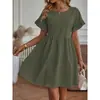 Gran Stock de Vestidos de Algodón y Lino para Sitios Independientes de Comercio Exterior Femenino Transfronterizo de Amazon, Vestidos de Bolsillo Sueltos de Algodón y Lino con Cuello Redondo
