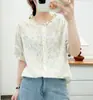 Camisa de manga curta com gola de renda de gaze de algodão de camada dupla para mulheres, estampa artística vintage, macia, hipoalergênica, respirável, top 100% algodão