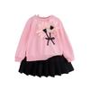 Traje rosa de primavera y otoño para niñas de Amazon Europa y Estados Unidos, patrón floral para niños, manga larga, falda plisada negra, conjunto de dos piezas