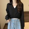 2025 Nuevo Diseño de Estilo Coreano de Primavera y Otoño Nicho Falso de Dos Piezas Solapa Color-Block Top Sudadera de Manga Larga con Cuello en V para Mujer