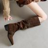 Botas Altas Debajo de la Rodilla, Botas de Media Pantorrilla para Mujer, Nuevas Botas Elegantes Versátiles Arrugadas Otoño e Invierno 2026, Botas de Montura de Tacón Medio, Botas Vaqueras
