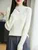 Nuevo Top de Punto de Algodón Puro Otoño/Invierno 2026 con Cuello Semi Alto, Manga Larga, Color Sólido, Canalé, Corte Ajustado, Camiseta Básica para Mujer