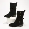 Botas de Moda Urbana Diaria para Mujer con Cordones Adelgazantes Otoño/Invierno Hebilla Metálica Botas de Media Caña Estilo Western para Mujer Tacón Grueso Retro