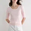 Camiseta Youkesi Feminina com Ombros Normais e Mangas Médias, Novo Estilo Verão 2026, Corte Slim, Camada Base Estilosa, Top Fino de Manga Curta