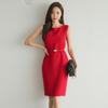 Vestido de Verão 2024 Novo Transfronteiriço Feminino OL Profissional Elegante Gola Redonda com Cinto Slim-fit Vall para Mulheres