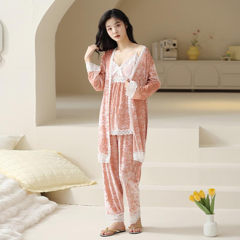 春秋冬款睡衣女冬季长袖薄款金丝绒新款性感网红v领套装1881