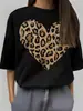 Camiseta Feminina com Estampa de Coração Leopardo Rosa Algodão Macio Camiseta Y2K Xadrez Manga Curta Versátil Hip Hop Feminino