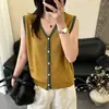Colete de tricô com decote V em cor contrastante para mulheres, peça externa de verão, cardigã sem mangas, caimento solto, modelador, versátil, design estiloso, top camiseta vazado