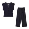 Comércio Exterior Atacado Roupas Europeias e Americanas Estilo Retro Outono Colete sem Mangas Gola V Listrado Conjunto de Calça Casual