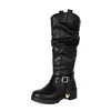 Estilo Retrô Europeu e Americano, botas de tornozelo com babados, detalhe de fivela de cinto, botas Western de cano alto, botas de salto médio robusto, tamanhos 40-45, plus size, botas de qualidade de exportação