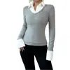Suéter Feminino 2026 Outono e Inverno Estilo de Luxo Falso Duas Peças Slim-Fit Pulôver Malha com Manga Longa