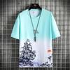 Camiseta Masculina de Manga Curta Verão 2023 Nova Moda Marca Estilo Chinês Pintura de Paisagem Adolescente Solta Tamanho Plus Manga Meia