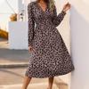 Amazon Nuevo Vestido de Manga Larga con Estampado de Leopardo Europeo y Americano Transfronterizo Elegante para Oficina Cintura Alta Cuello en V Vestido Largo de Mujer