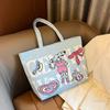 Bolsa de Lona Grande Capacidade com Estampa de Alfabeto de Desenho Animado para Mulher, Bolsa de Mão/Ombro com Texto para o Dia a Dia