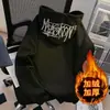 Moletom com capuz bordado e forro de fleece para homens, jaqueta masculina outono e inverno 2026, pulôver casual espesso, moletom preto solto