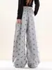 [Pantalones Casuales Amplios de Pierna Ancha Huacan de Algodón Puro con Colgante, Estilo Scimitar, Plisados Sueltos, Color Gris, Estampado de Huella de Perro para Hombres y Mujeres]