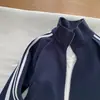 Chamarra sudadera azul marino de tres franjas para hombres y mujeres, estilo corto, limpia para otoño-primavera, cuello alto, chaqueta deportiva de béisbol
