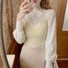 Camisa de Encaje Auricularia Flocada Exquisita de Hada Estilo Japonés Dulce Otoño e Invierno para Mujer Manga Larga Elástica Base con Forro