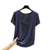 Camiseta sencilla y versátil de cuello en U y manga corta estilo coreano para mujer, camiseta básica de modal de talla grande para verano, top holgado