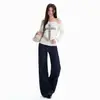 Jeans anchos de tiro bajo, diseño de nicho azul oscuro, color naranja joven, para mujer, corte holgado, adelgazantes, favorecedores, versátiles, pantalones de largo completo
