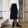 Falda de mujer, nueva primavera 2023, diseño de longitud media, estilo francés, cintura alta, abertura, negra, corte A, falda a la cadera