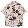 Camisa de Manga Curta Rosa Escuro Preta Rosa com Padrão de Tinta Off-White e Fita com Padrão Escuro Acessório de Moda Camisa Solta com Ombros Caídos para Homens