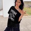 Playera Top de Manga Corta con Hombros Inclinados y Estampado de Letras Fuera del Hombro Algodón Puro Manga Corta Camiseta Mujer Fuera del Hombro Marca de Moda de Hong Kong Verano