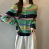 Tricô Feminino com Gola Redonda, Cardigã Feminino, Novo Estilo Outono e Inverno, Jaqueta de Manga Longa em Cor Contrastante, Suéter Solto, Suéter Básico, Novo Estilo para Mulheres