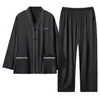 Pijama de Seda Gelada para Homens Primavera e Outono, Cardigã Fino de Seda de Manga Longa Fresco para Verão, Roupa de Casa Listrada de Alta Qualidade