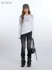 Camiseta Heyhenry Estilo Americano Cuello Diagonal Asimétrico Ceñida a la Cintura de Manga Larga para Mujer, Top Corto Sexy de Hombros Descubiertos Ajustado para Primavera