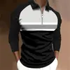 Camisa masculina casual de manga comprida com zíper e estampa listrada, top masculino color block para primavera e outono