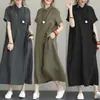 Transfronterizo Nuevo Estilo Japonés Color Sólido Algodón y Lino Lel Manga Corta Holgado Bolsillo Casual para Mujer Vestido Mujer
