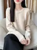 Nuevo Suéter de Punto de Lana Pura con Cuello Redondo Medio Abierto de Manga Larga para Mujer Color Sólido Holgado Jersey Suéter de Lana Otoño/Invierno 2026