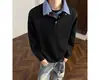 Sudadera nueva de otoño para hombre, cuello de polo gris, estilo patchwork de dos piezas falsas, manga larga, estilo retro americano
