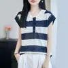 2026 Verano Nuevo Estilo Bambú Lino Cuello Polo Tejido Manga Corta Mujer Hueco Bloqueo de Color Holgado Camisa Base Camiseta