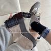 Calcetines de Otoño e Invierno para Mujer con Cuadros y Bordes Fruncidos, Calcetines de Media Pantorrilla Sin Costuras Estilo Coreano con Ligera Compresión