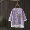 Blusa de Botones con Cuello Bordado Vintage Estilo Étnico para Mujer, Ropa Zen para Té de Verano, Camisa de Media Manga Estilo Chino para Mujer