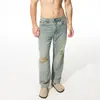 Jeans Rotos para Hombre, Pantalones Finos de Verano Retro High Street, Pantalones de Pierna Ancha Transpirables de Tiro Alto
