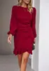 Ropa de Mujer de Comercio Exterior Europea y Americana Nueva Primavera y Otoño Estación Independiente de Amazon Vestido de Color Sólido con Mangas Abullonadas que Cubre la Cadera